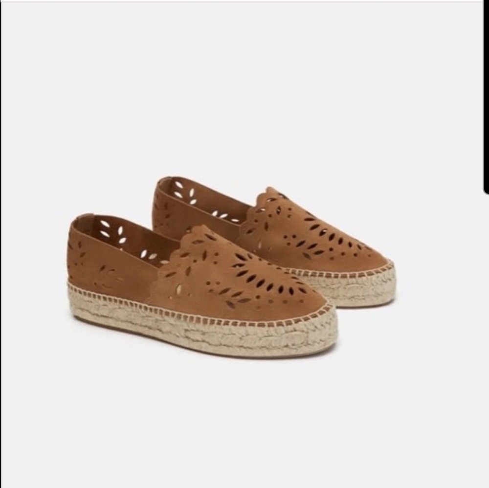 ZARA Open Work Tan leather Suede platform espadrilles EUR 37 Or US 6.5